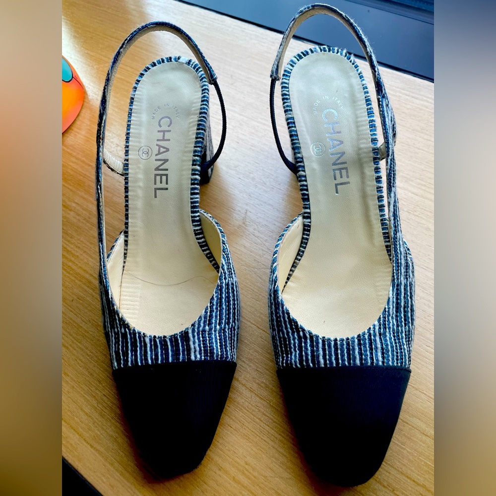 Chanel Blue Metallic weed for Sling Back 39C Cap Toe Runway Rare